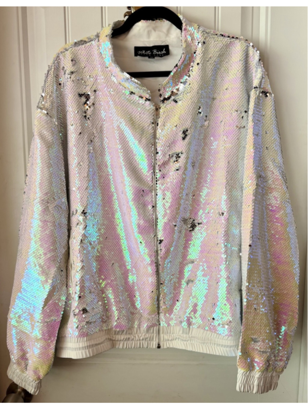 White Birch 2X Iridescent Sequin Bomber Jacket White Zip Front Plus Size
